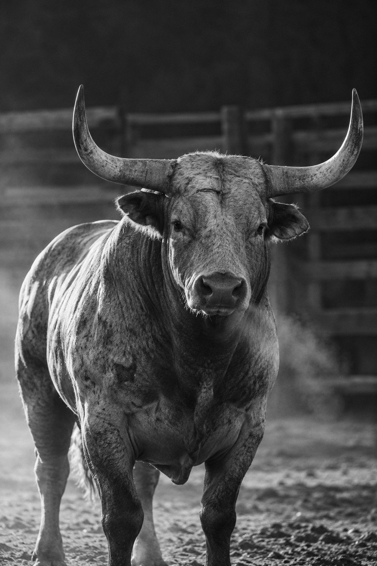 A grey bull with wide horns stands head-on in a dusty corral at first light.